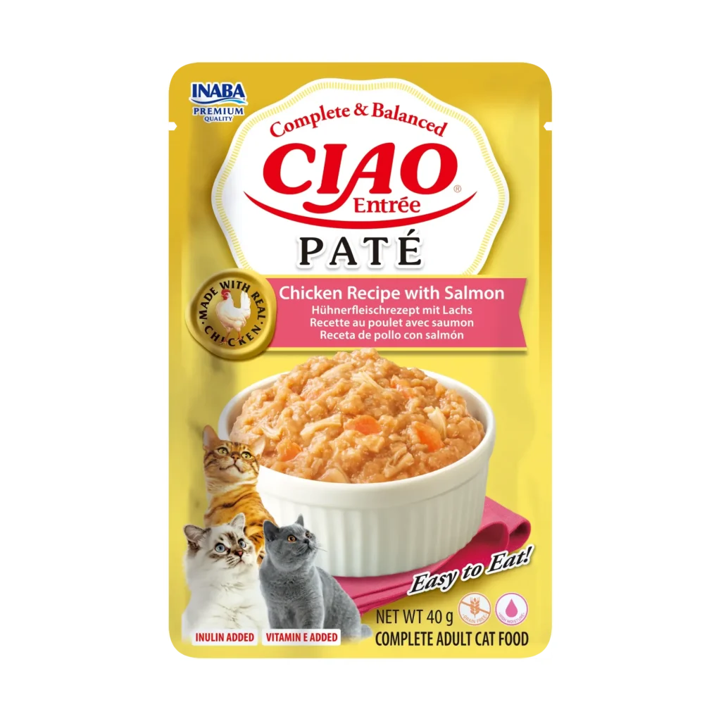Front packaging of Ciao Entrée Paté Chicken Recipe with Salmon