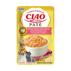 Front packaging of Ciao Entrée Paté Chicken Recipe with Salmon