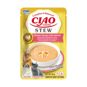 Front packaging of Ciao Entrée Stew Chicken Recipe with Salmon