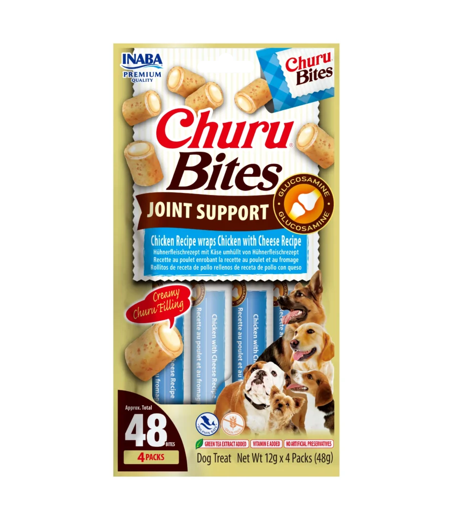 Front packaging of Churu Bites Joint Support Chicken Recipe wraps Chicken with Cheese Recipe