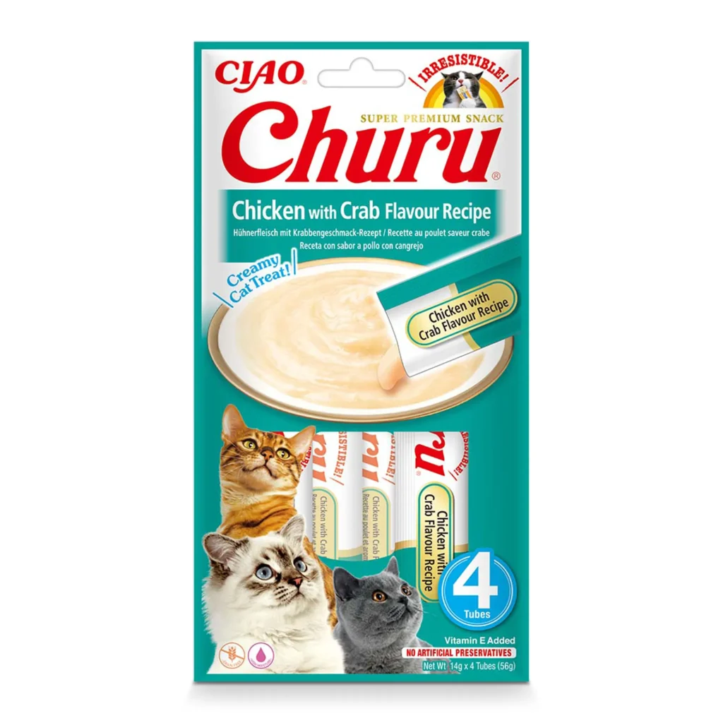 Front packaging of Churu Chicken With Crab Recipe cat treats, 4 tubes pack