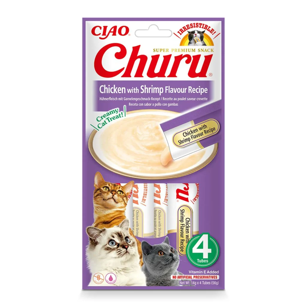 Front packaging of Churu Chicken With Shrimp Recipe cat treats, 4 tubes pack