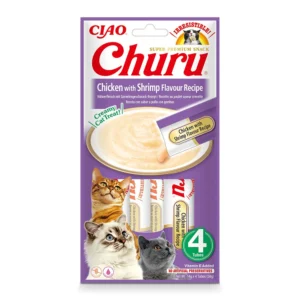 Front packaging of Churu Chicken With Shrimp Recipe cat treats, 4 tubes pack