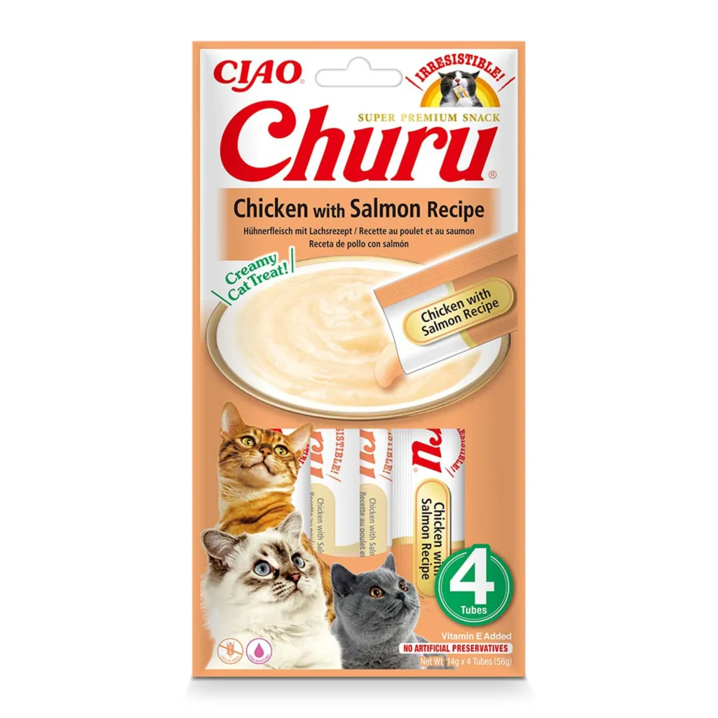 Front packaging of Churu Chicken with Salmon Recipe cat treats, 4 tubes pack