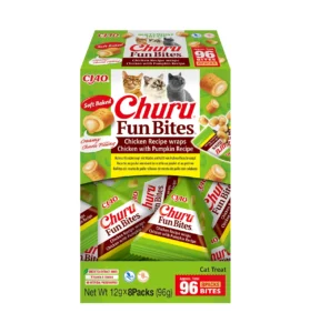 Front packaging of Churu FUN BITES Chicken Recipe wraps Chicken with Pumpkin Recipe