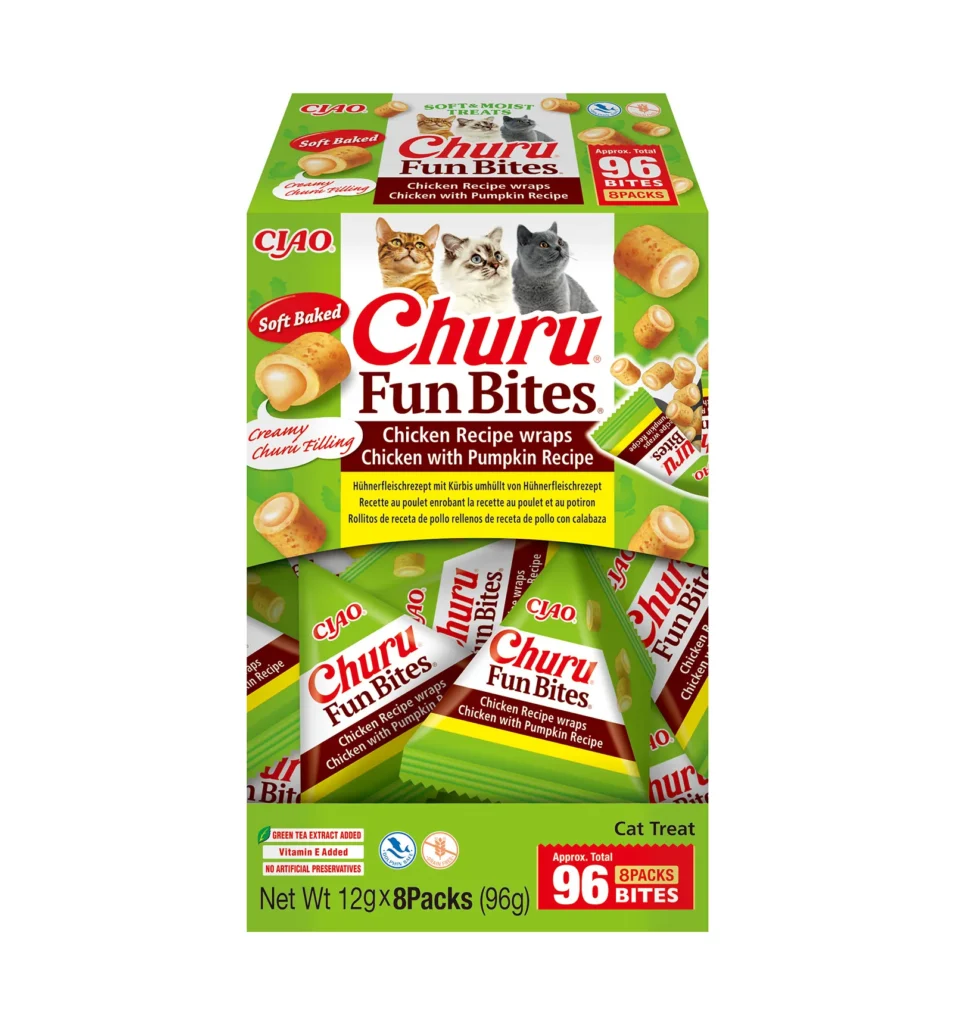 Front packaging of Churu FUN BITES Chicken Recipe wraps Chicken with Pumpkin Recipe