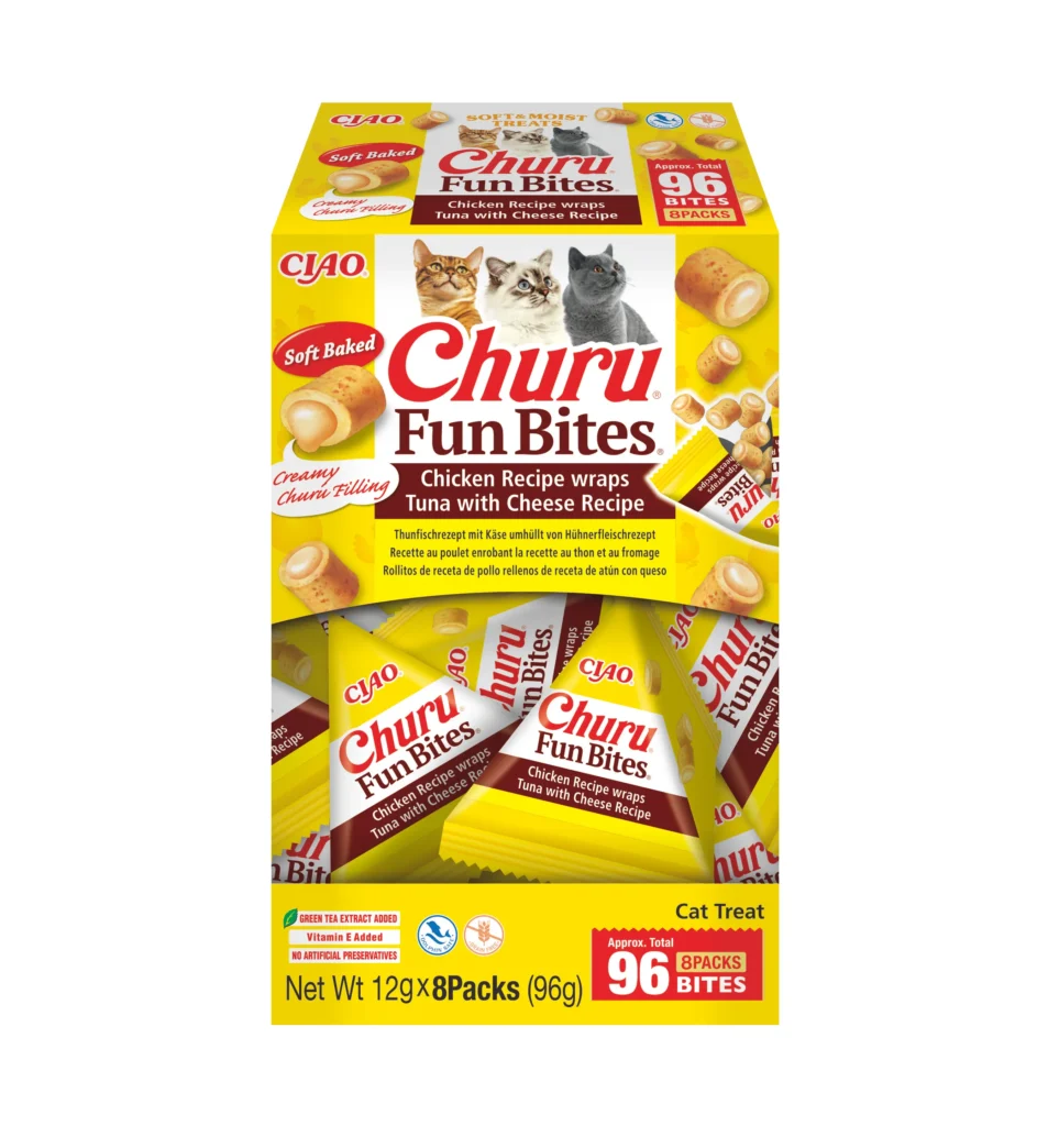 Front packaging of Churu FUN BITES Chicken Recipe wraps Tuna with Cheese Recipe