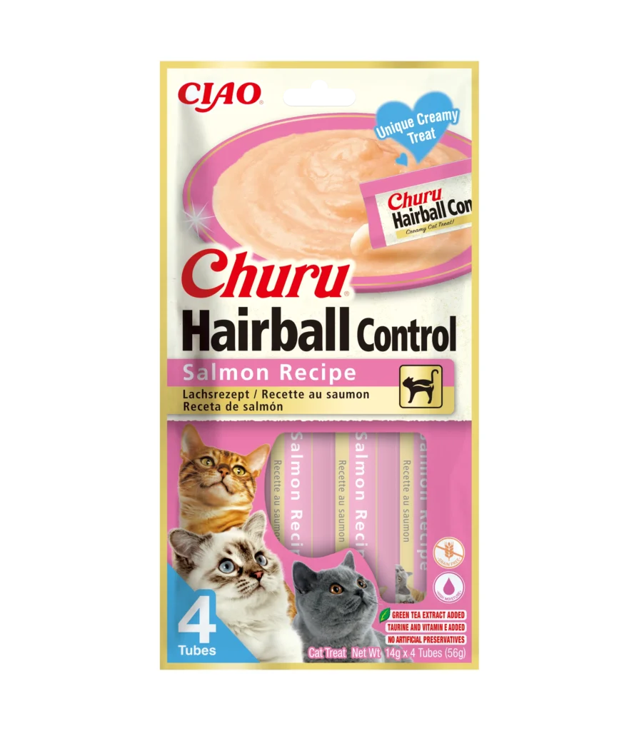 Front packaging of Churu Hairball Control Salmon Recipe