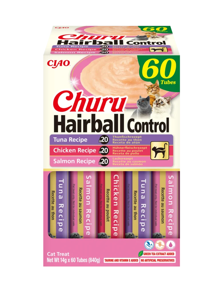Front packaging of Churu Hairball Control Variety, 60 tubes pack.