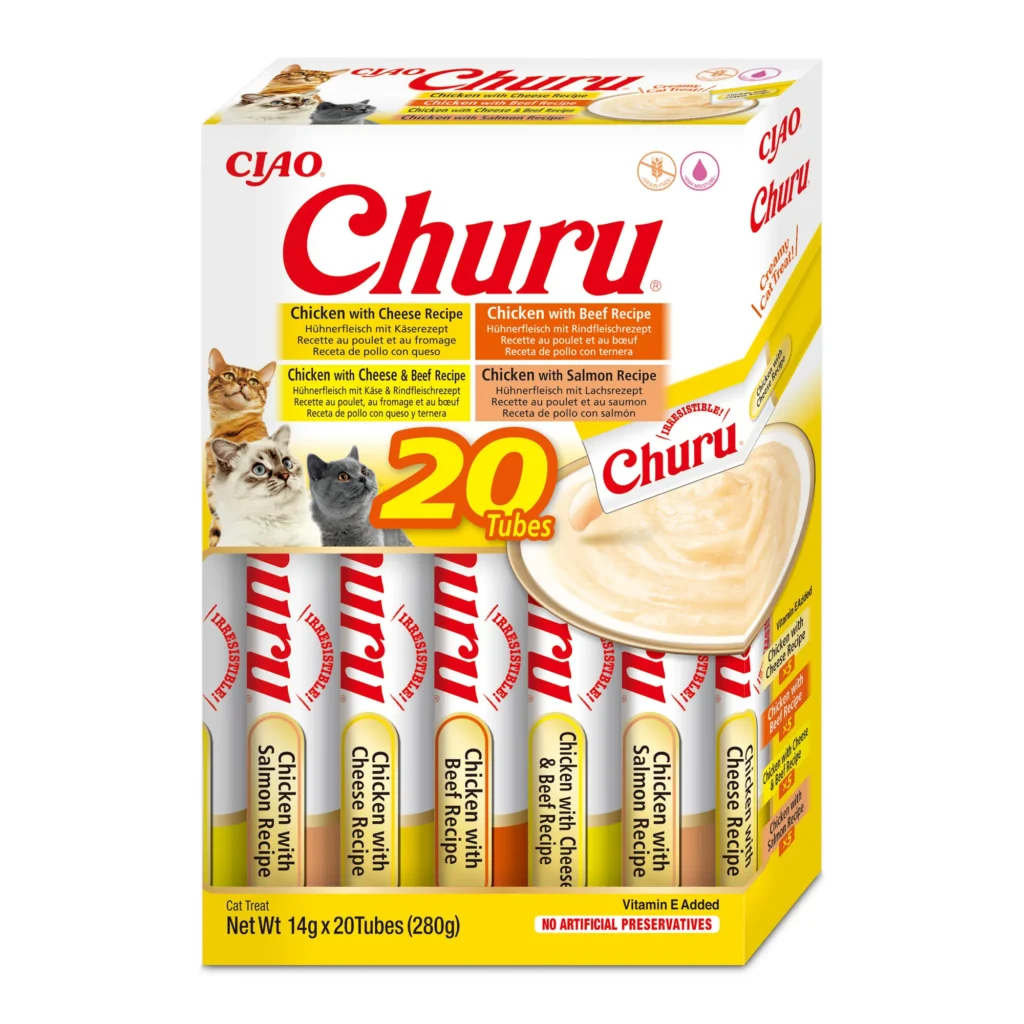 Front packaging of Churu Multipack Chicken Beef Varieties cat treats, 20 tubes pack.