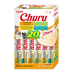 Front packaging of Churu Multipack Chicken Varieties cat treats, 20 tubes pack.