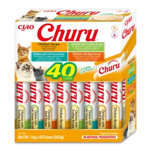 Front packaging of Churu Multipack Chicken Varieties cat treats, 40 tubes pack.