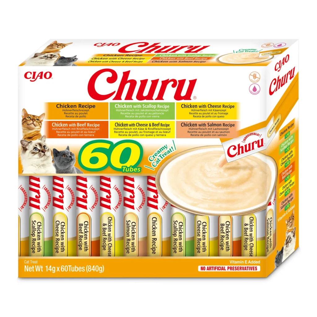 Front packaging of Churu Multipack Chicken Varieties cat treats, 60 tubes pack
