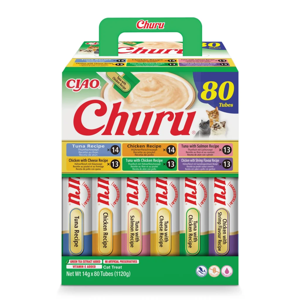 Front packaging of Churu Multipack Chicken and Tuna Varieties cat treats, 80 tubes pack.