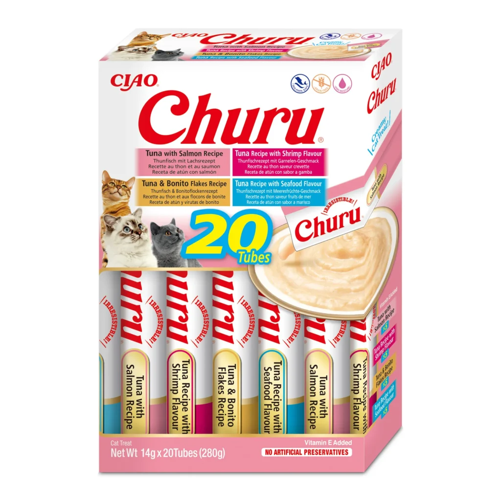 Front packaging of Churu Multipack Seafood Varieties cat treats, 20 tubes pack.