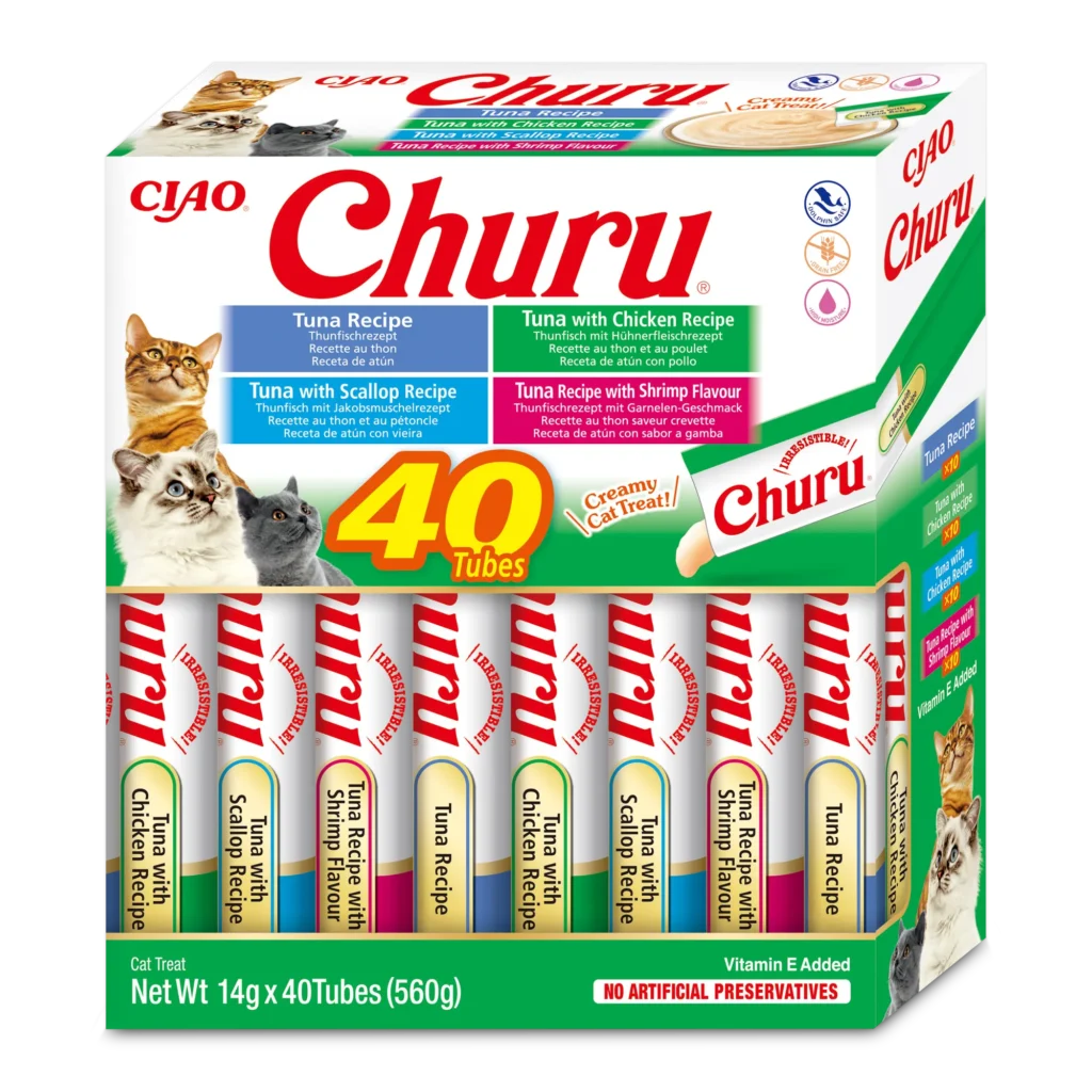 Front packaging of Churu Multipack Tuna Seafood Varieties cat treats, 40 tubes pack.