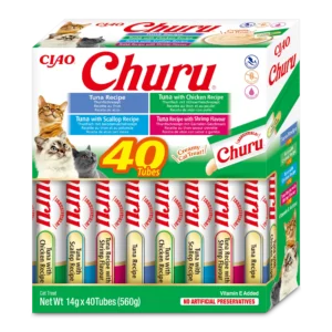 Front packaging of Churu Multipack Tuna Seafood Varieties cat treats, 40 tubes pack.