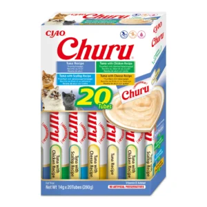 Front packaging of Churu Multipack Tuna Varieties cat treats, 20 tubes pack
