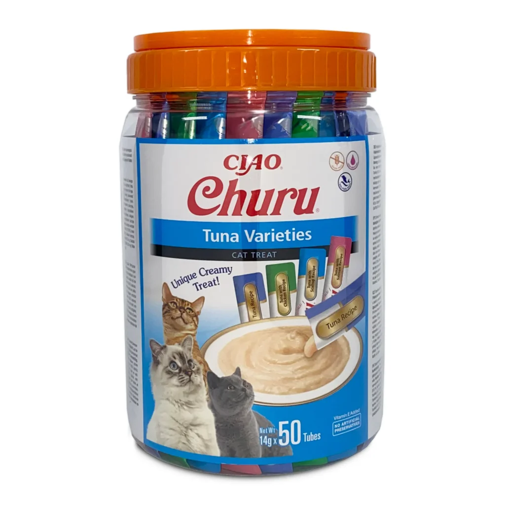 Front packaging of Churu Multipack Tuna Varieties cat treats, 50 tubes pack