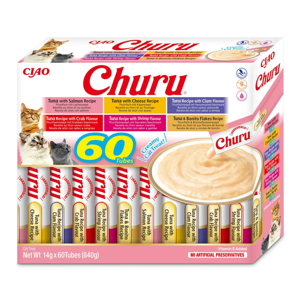 Front packaging of Churu Multipack Tuna Variety cat treats, 60 tubes pack