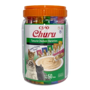 Front packaging of Churu Multipack Tuna and Chicken Variety cat treats, 50 tubes pack