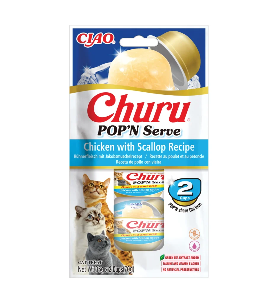 Front packaging of Churu POP'N SERVE Chicken with Scallop Recipe