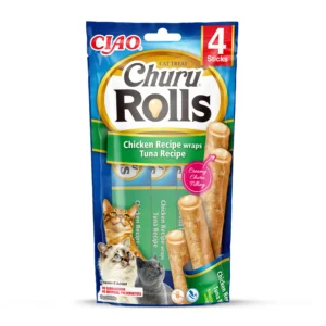 Front packaging of Churu ROLLS Chicken Recipe wraps Tuna Recipe