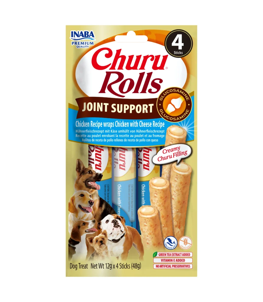 Front packaging of Churu Rolls Joint Support Chicken Recipe wraps Chicken with Cheese Recipe