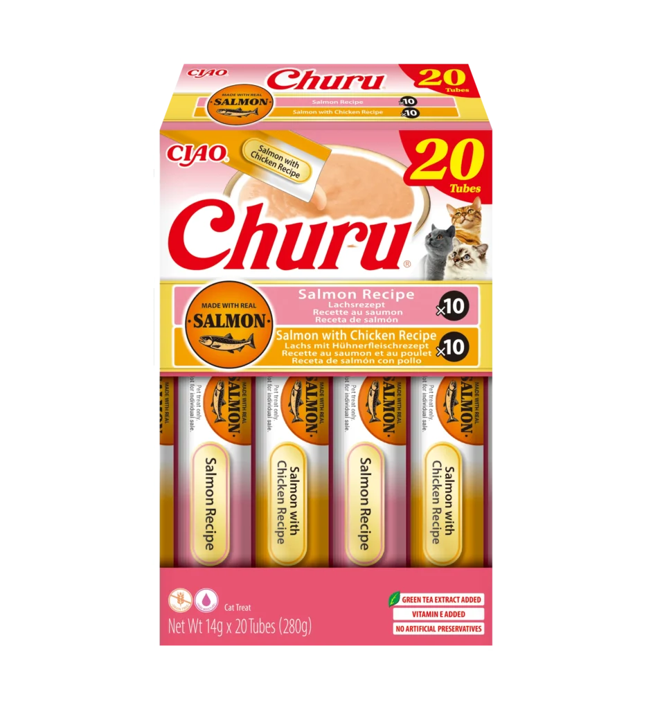 Front packaging of Churu Salmon & Chicken Variety, 20 tubes pack