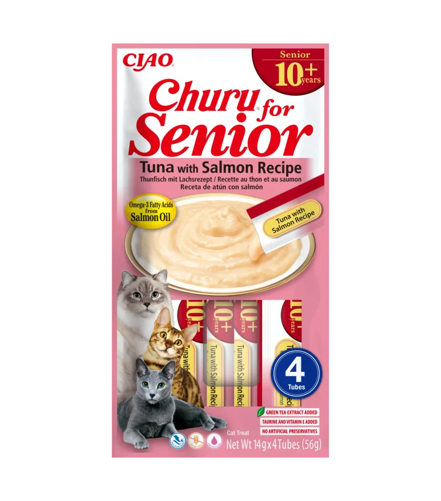 Front packaging of Churu Senior 10+ Tuna with Salmon Recipe