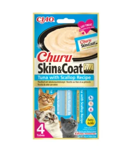 Front packaging of Churu Skin & Coat Tuna With Scallop Recipe