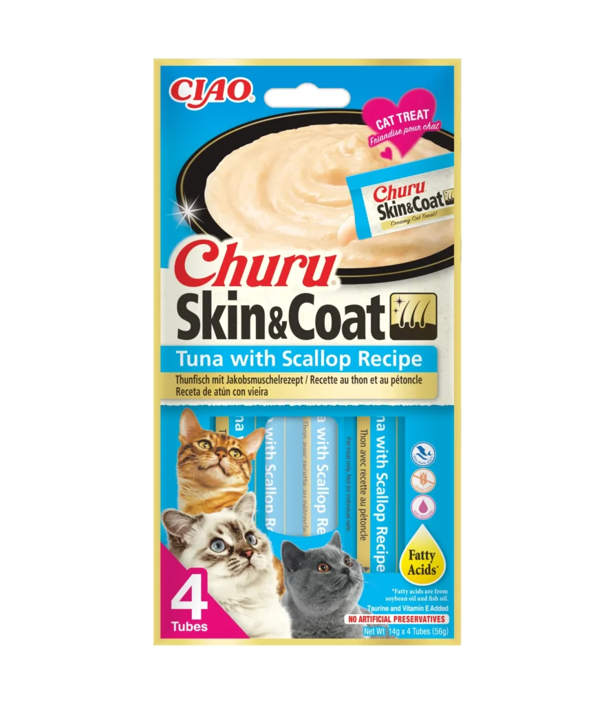 Front packaging of Churu Skin & Coat Tuna With Scallop Recipe