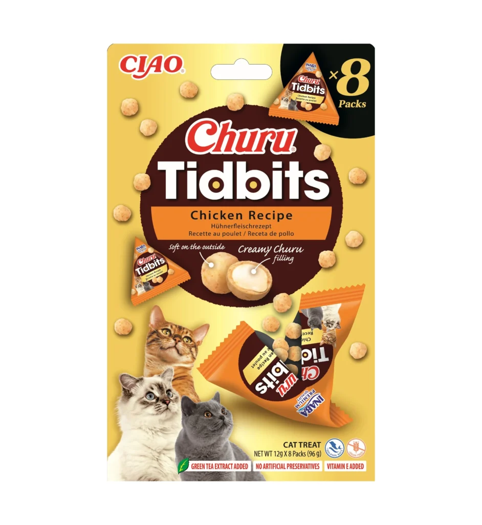 Front packaging of Churu TIDBITS 8P Chicken Recipe, 8 tubes pack.