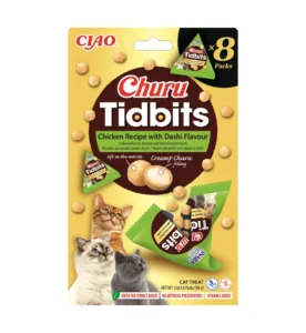 Front packaging of Churu TIDBITS 8P Chicken Recipe with Dashi Flavour, 8 tubes pack.