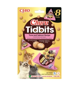 Front packaging of Churu TIDBITS 8P Tuna and Salmon Recipe, 8 tubes pack.