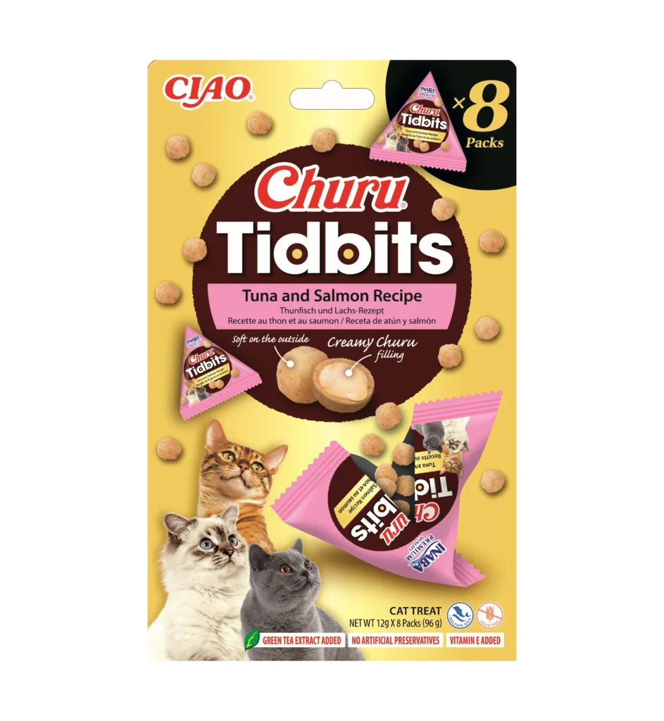 Front packaging of Churu TIDBITS 8P Tuna and Salmon Recipe, 8 tubes pack.