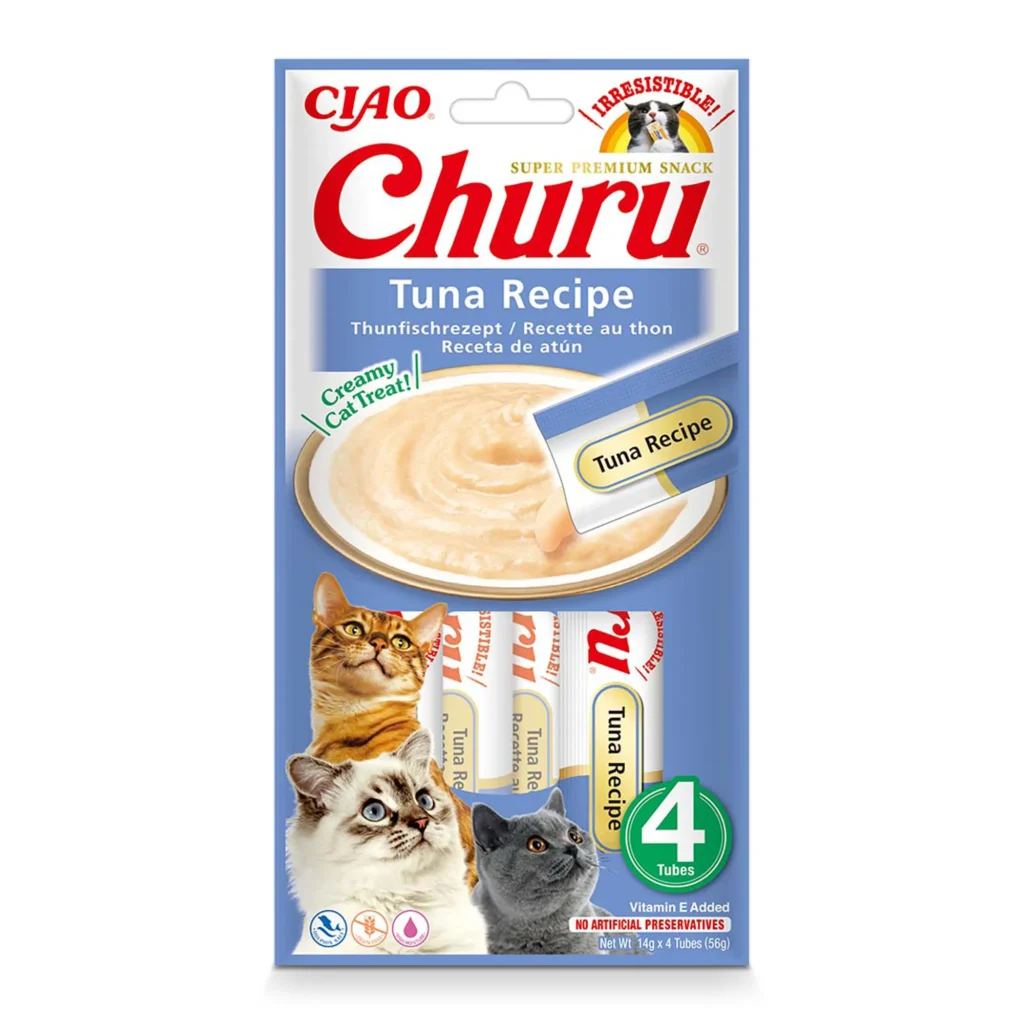Front packaging of Churu Tuna with Chicken Recipe cat treats, 4 tubes pack