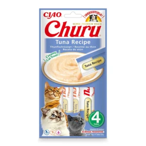 Front packaging of Churu Tuna with Chicken Recipe cat treats, 4 tubes pack