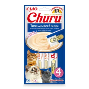 Front packaging of Churu Tuna With Beef Recipe cat treats, 4 tubes pack