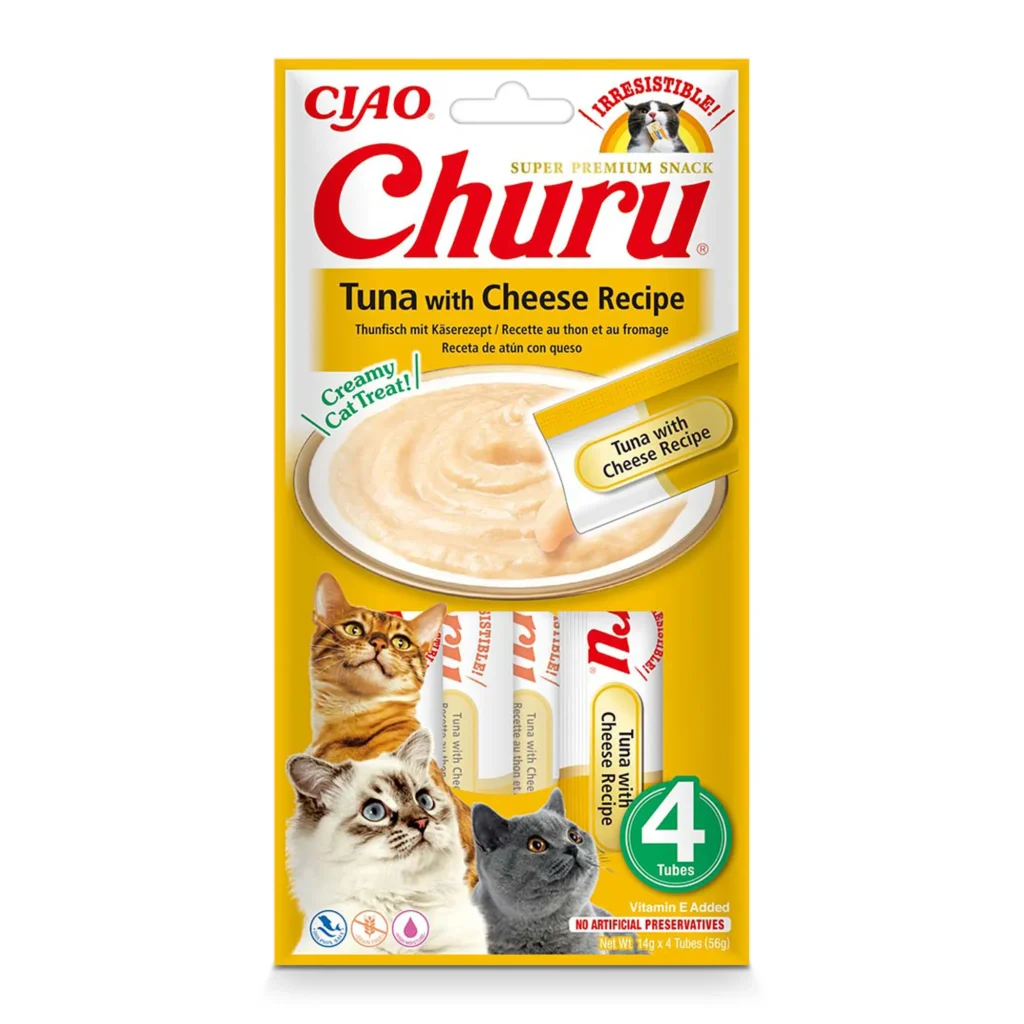 Front packaging of Churu Tuna With Cheese Recipe cat treats, 4 tubes pack