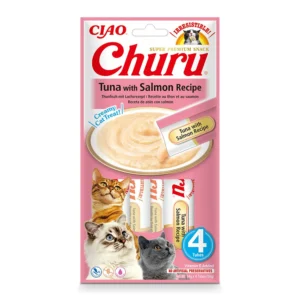 Front packaging of Churu Tuna With Salmon Recipe cat treats, 4 tubes pack