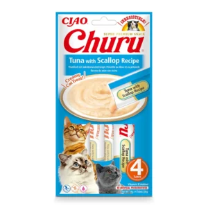 Front packaging of Churu Tuna with Scallop Recipe cat treats, 4 tubes pack.