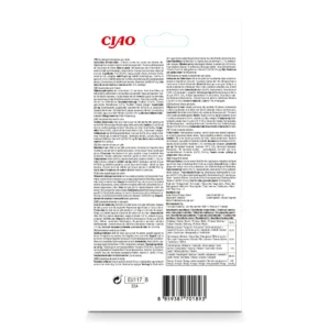 Back of Churu Tuna & Bonito Flakes Recipe packaging showing ingredients and nutritional analysis.