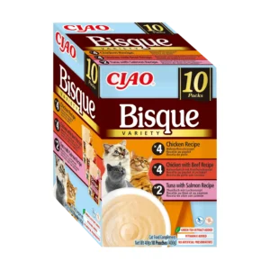 Front packaging of Ciao BISQUE Chicken, beef, tuna and salmon variety 1 - 10 tubes pack