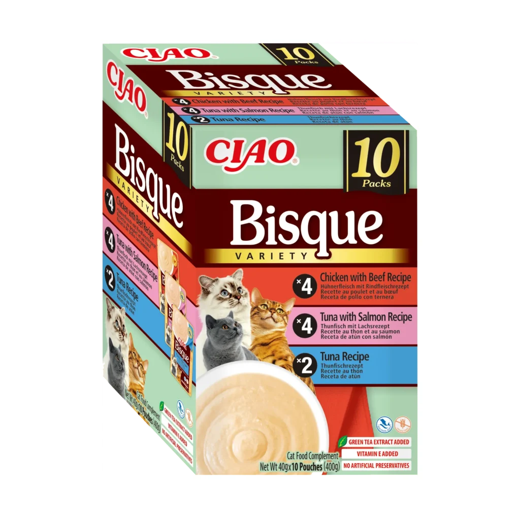 Front packaging of Ciao BISQUE Chicken, beef, tuna and salmon variety 2 - 10 tubes pack