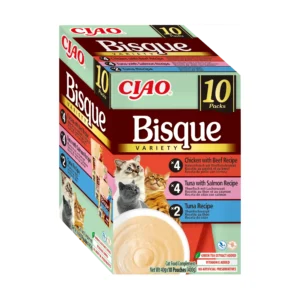 Front packaging of Ciao BISQUE Chicken, beef, tuna and salmon variety 2 - 10 tubes pack