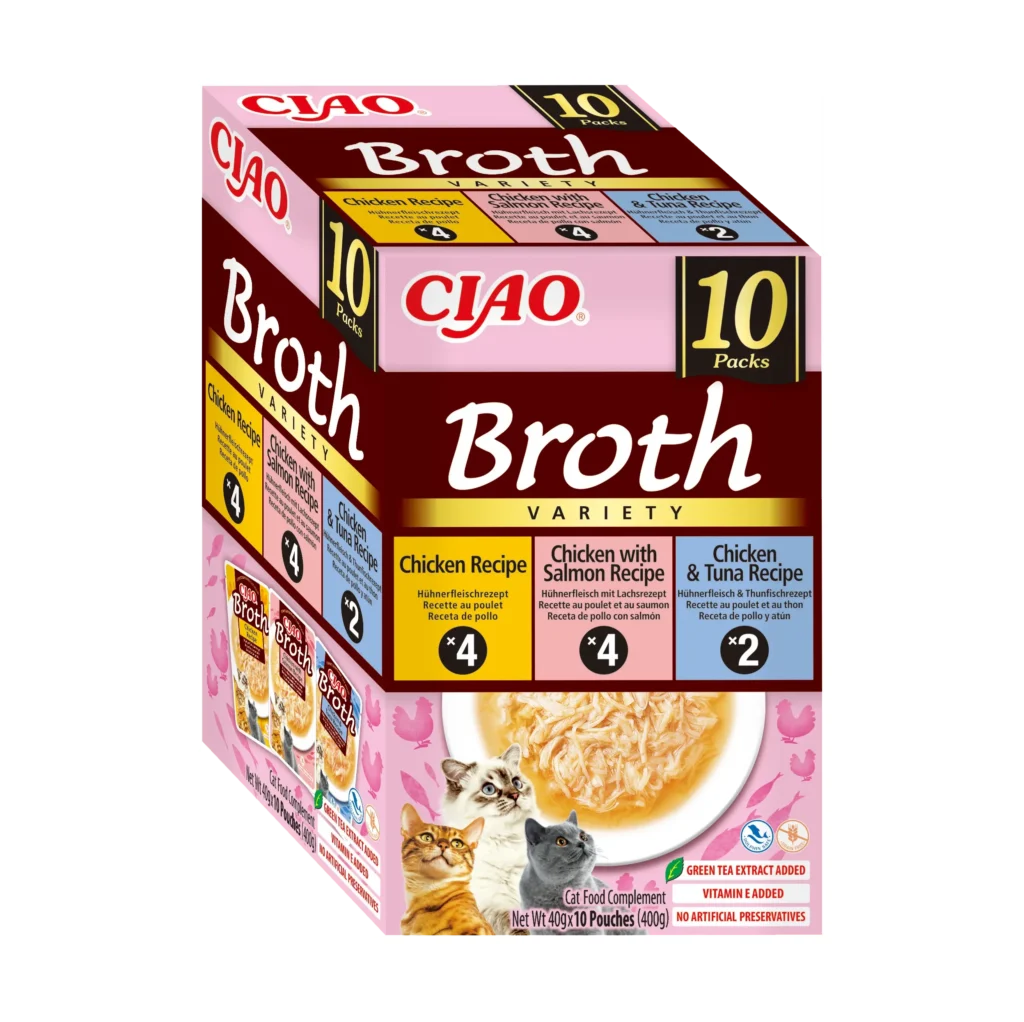 Front packaging of Ciao BROTH Chicken Variety, 10 tubes pack.