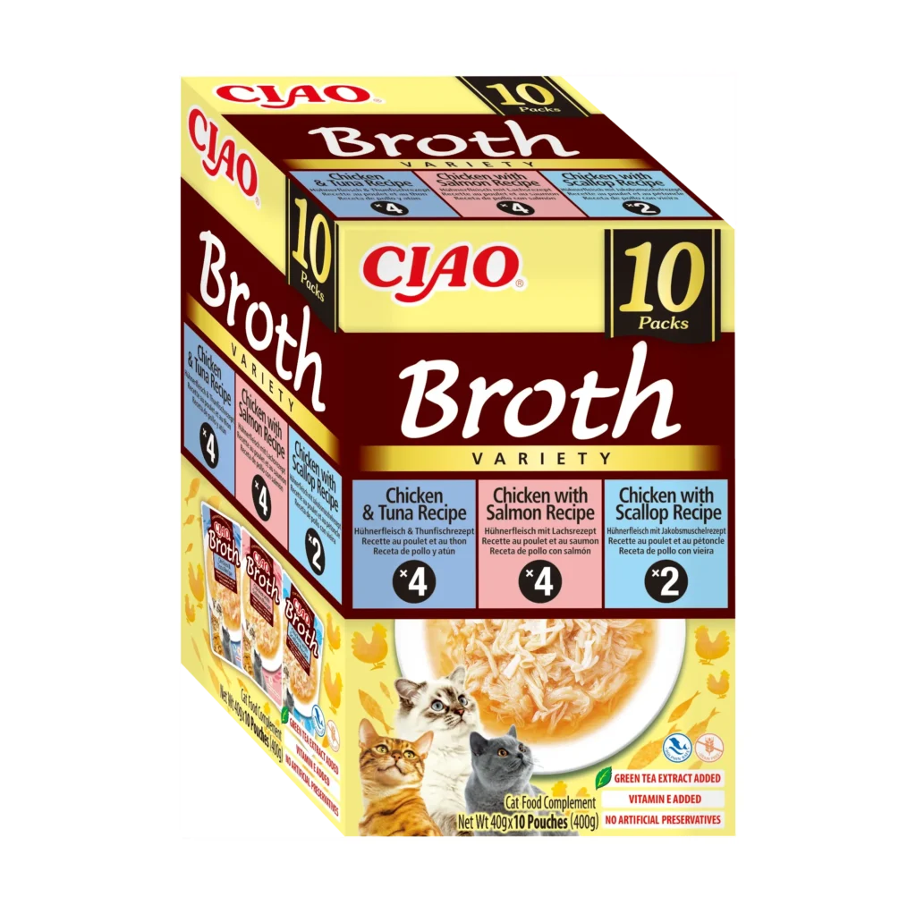 Front packaging of Ciao BROTH Chicken and Seafood Variety, 10 tubes pack.
