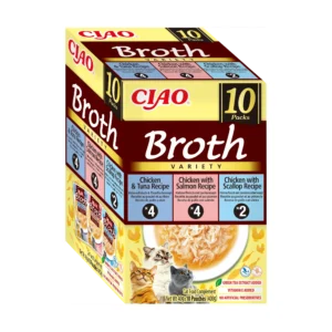 Front packaging of Ciao BROTH Chicken and Seafood Variety, 10 tubes pack.