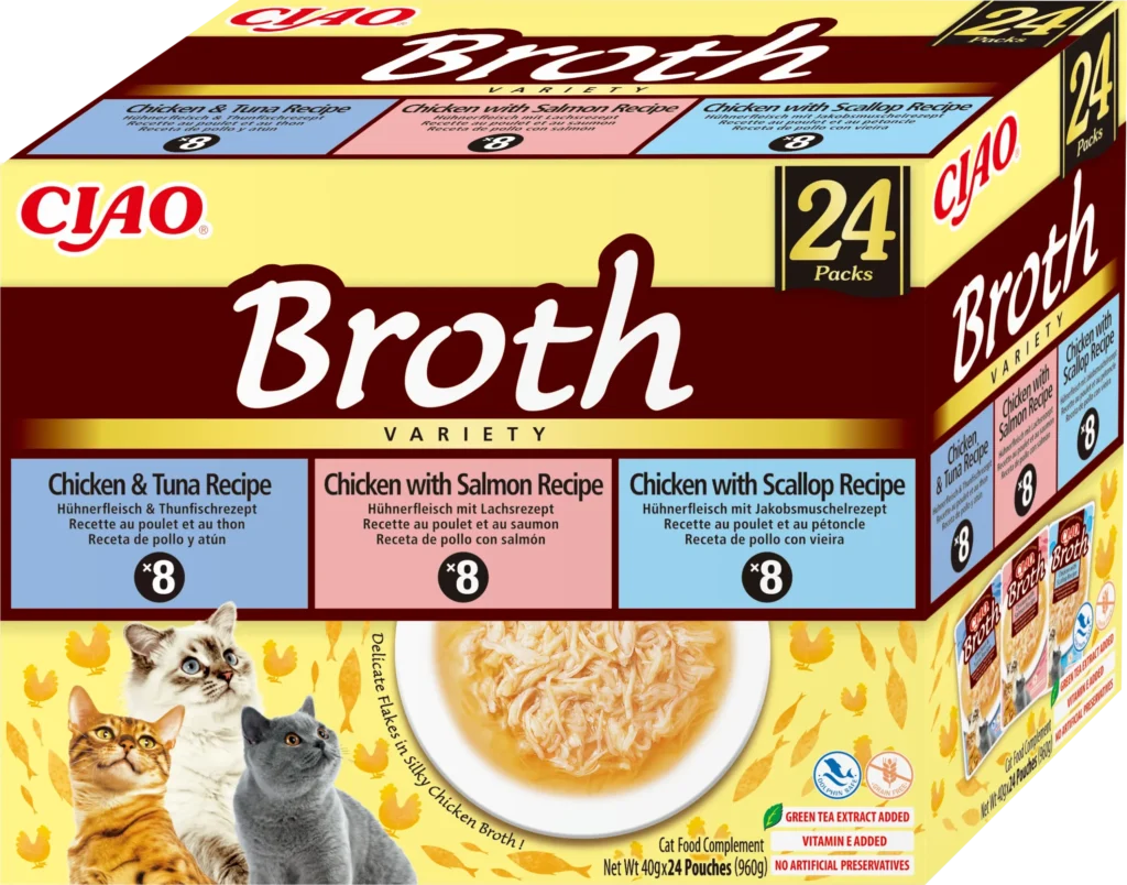 Front packaging of Ciao BROTH Chicken and Seafood Variety, 24 tubes pack